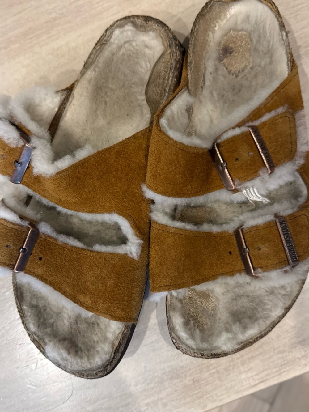 Birkenstock Suede Shearling-Lined Mule Sandals in Brown